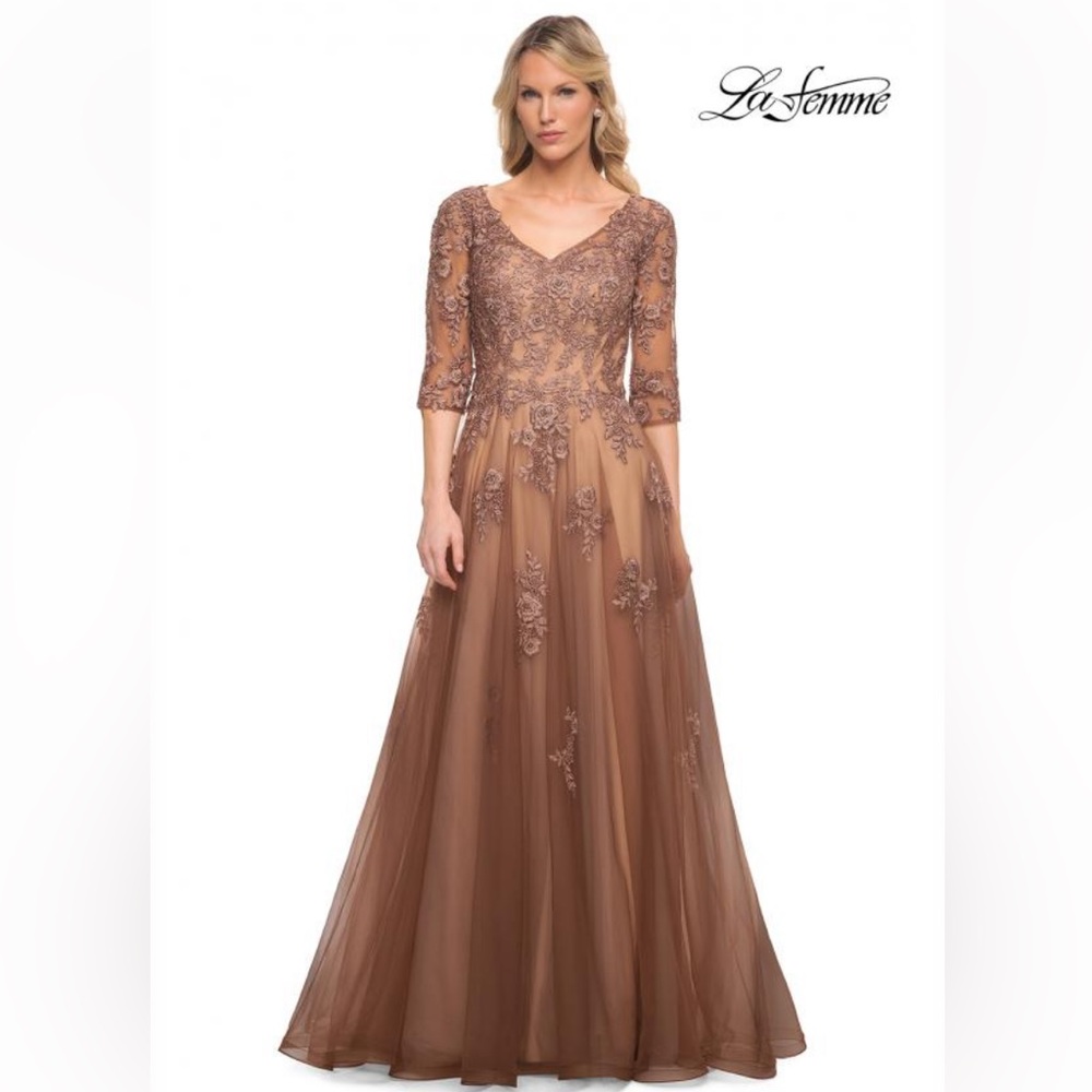 La Femme Brown Sequin Gown V-Neck Wedding